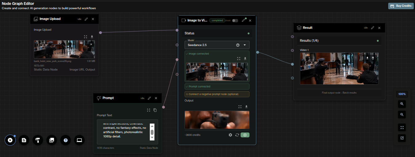 Nodes Graph Editor with an Image Upload node and a Prompt node feeding a Seedance 2.5 Image to Video node and a Result node