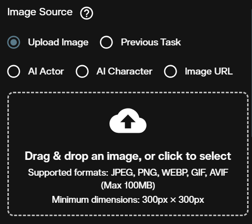 Image Source section for Seedance 2.5 image to video with five input routes and a drag and drop area
