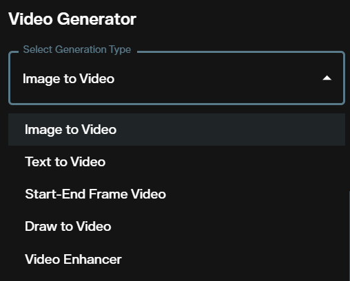 Generation type dropdown in the video workspace with Image to Video selected