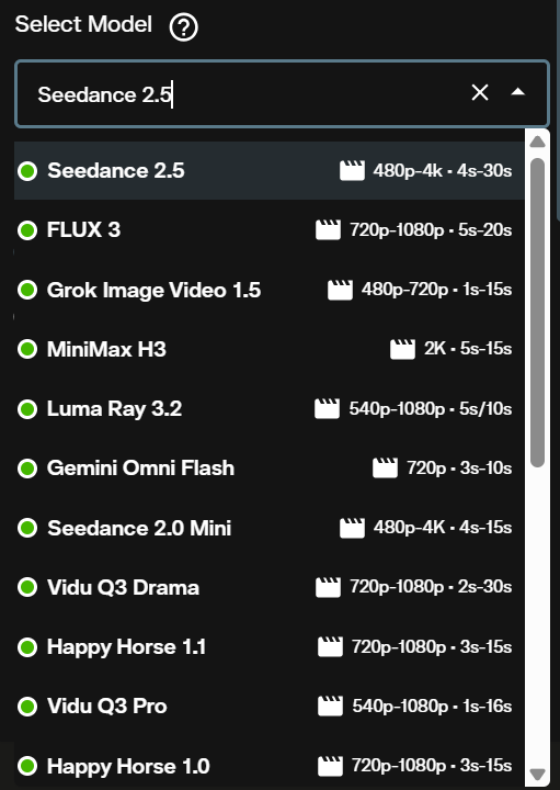 Model dropdown in the image to video form with Seedance 2.5 at 480p to 4K and 4 to 30 seconds