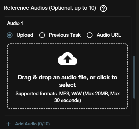 Reference Audios section for Seedance 2.5 accepting up to 10 MP3 or WAV files