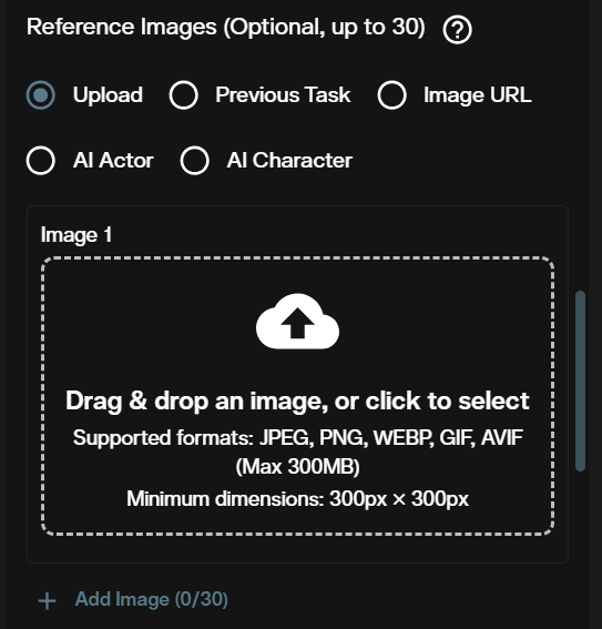 Reference Images section for Seedance 2.5 with upload, previous task, URL, AI Actor and AI Character sources