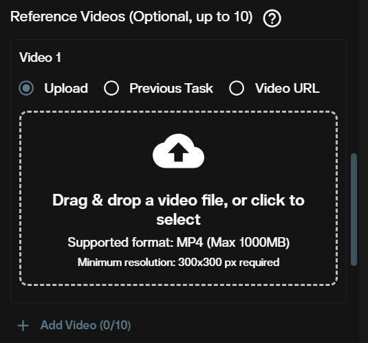 Reference Videos section for Seedance 2.5 accepting up to 10 MP4 files