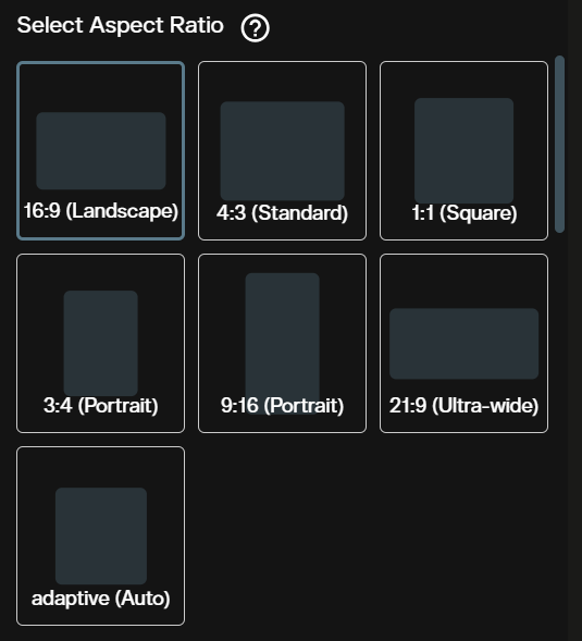 Aspect ratio tiles for Seedance 2.5 text to video showing seven frame shapes including adaptive