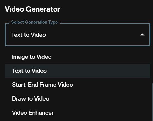 Generation type dropdown open in the video workspace with Text to Video selected
