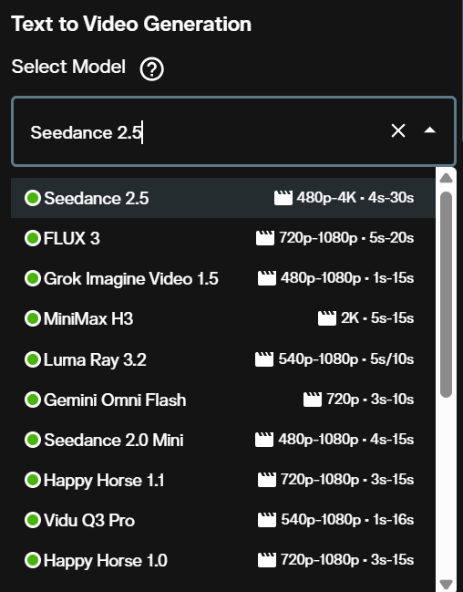 Model dropdown in the text to video form showing Seedance 2.5 with a 480p to 4K and 4 to 30 second range