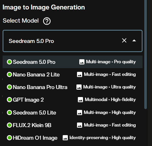 Model selector dropdown showing Seedream 5.0 Pro image to image entry selected