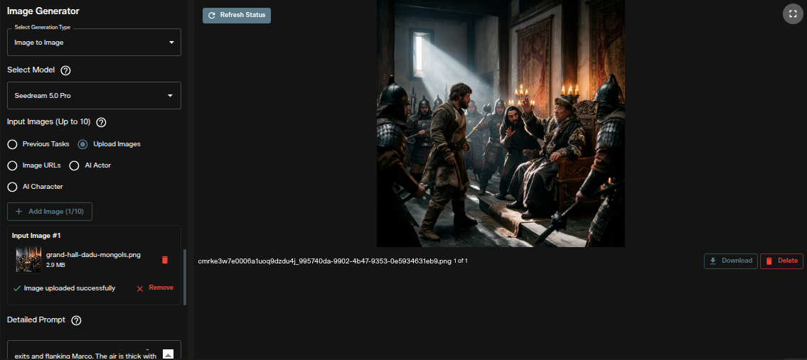 Seedream 5.0 Pro image to image mode open in AI FILMS Studio image workspace