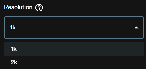 Resolution dropdown showing 1k and 2k options for Seedream 5.0 Pro text to image
