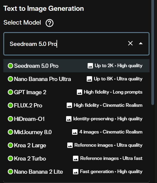 Model selector dropdown showing Seedream 5.0 Pro text to image selected in the image generation workspace