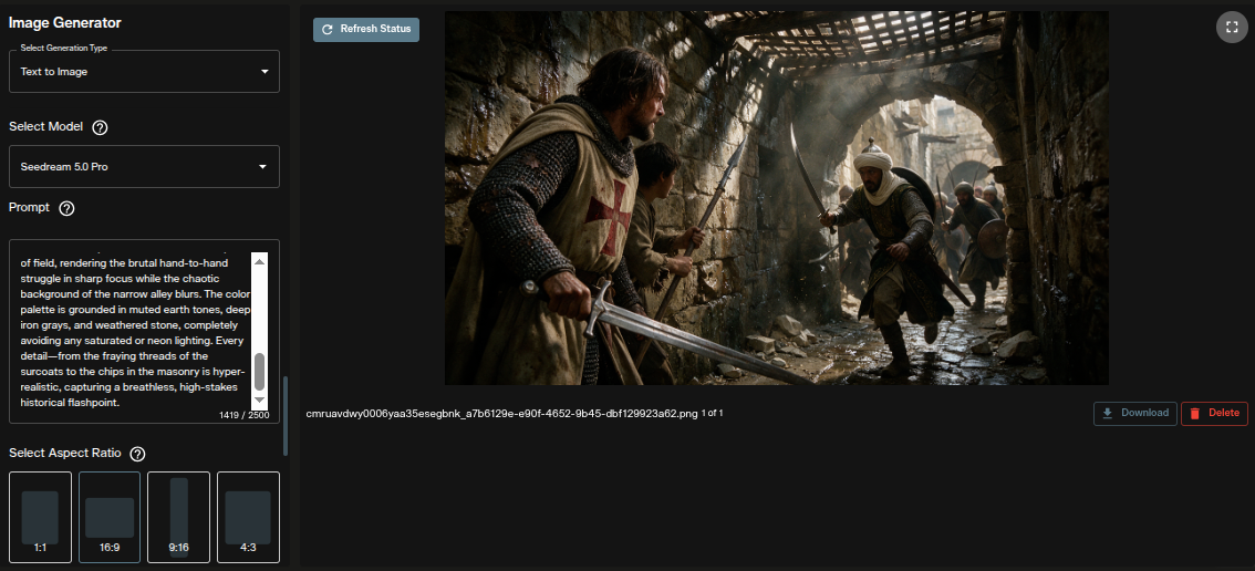 Seedream 5.0 Pro text to image generation result displayed in the AI FILMS Studio workspace output panel