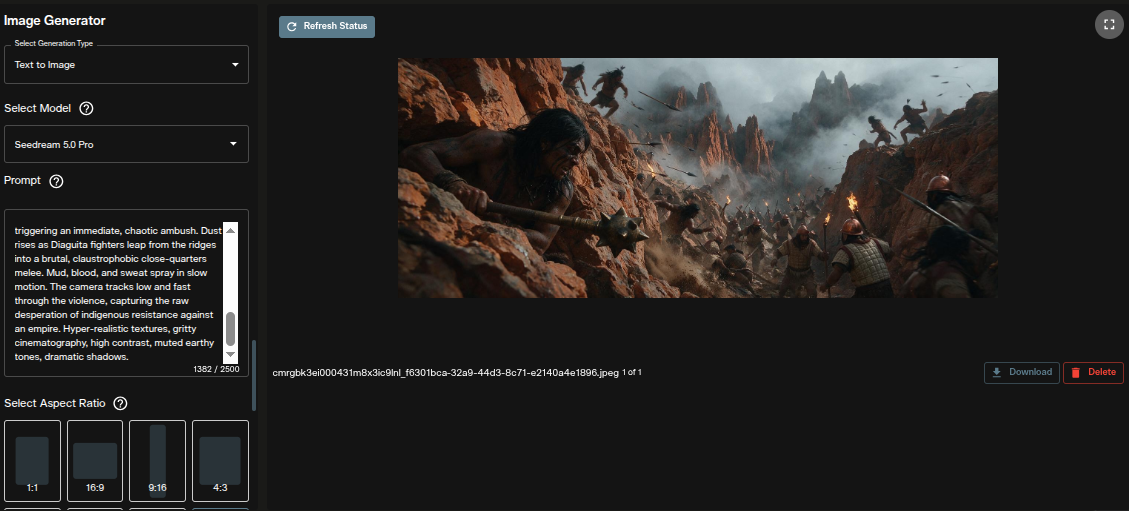 Seedream 5.0 Pro text to image interface in AI FILMS Studio image workspace