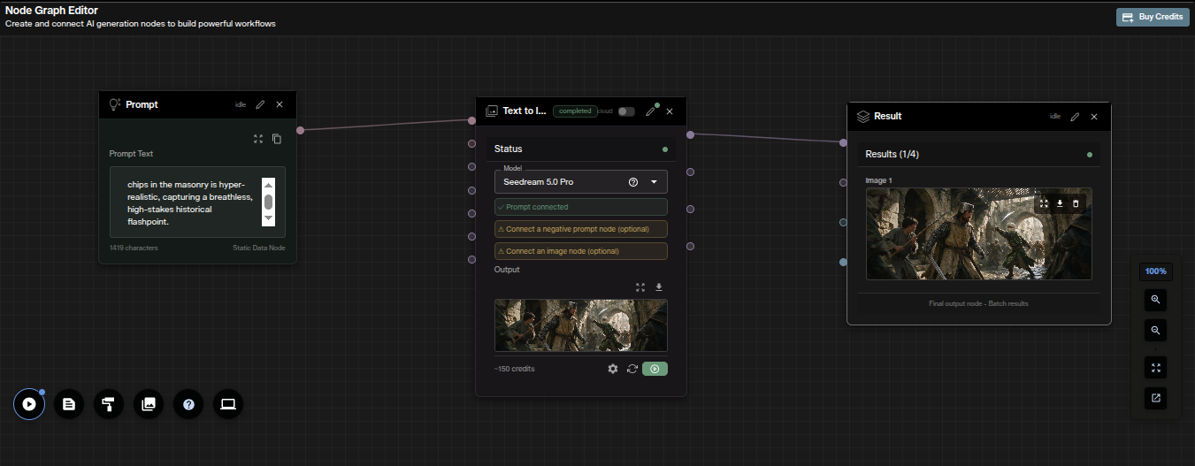 Nodes Graph Editor canvas showing a Seedream 5.0 Pro text to image node connected between a Prompt node and a Result node