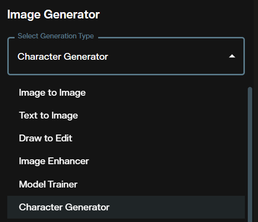 Character generation option selected in the AI FILMS Studio image generation type dropdown
