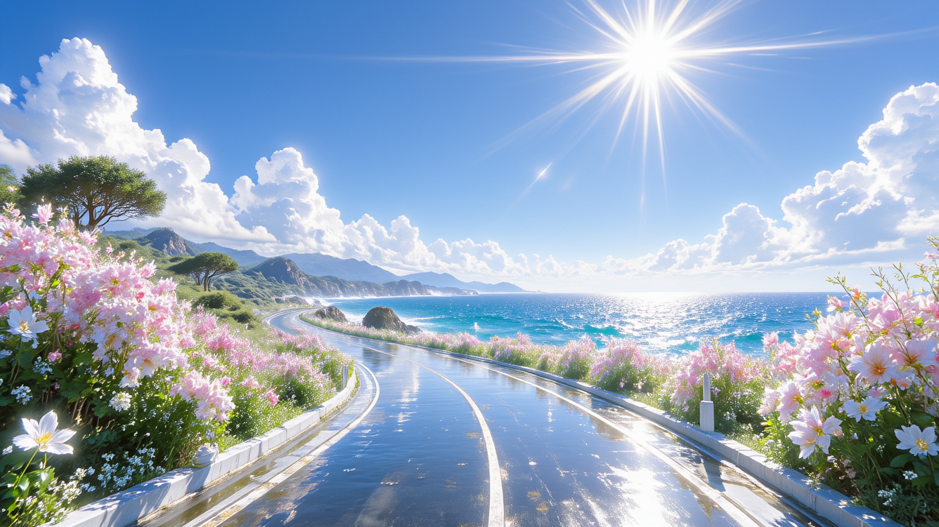 Shining coastal road scene with reflective light generated by Boogu-Image-0.1