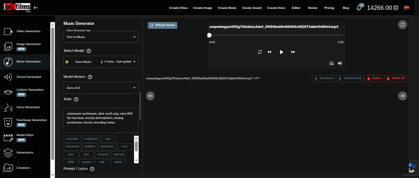 AI FILMS Studio Music Generator showing the Style text area with example style descriptors and genre tag chips below it