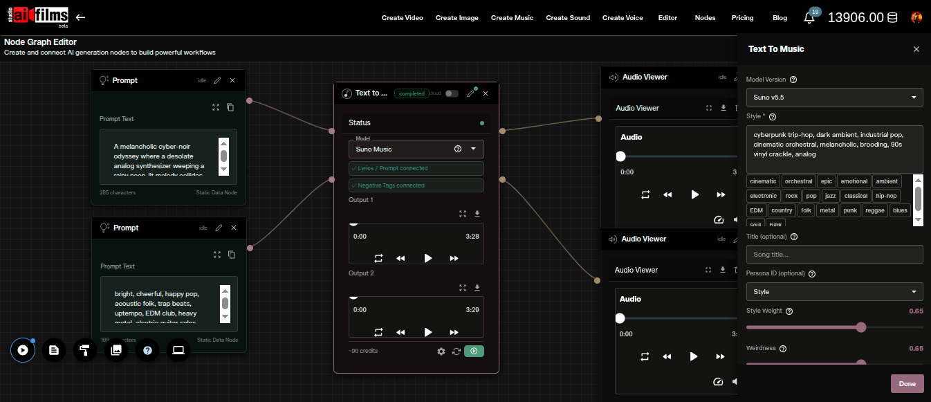 AI FILMS Studio Nodes Graph Editor showing a Prompt node connected to a Text to Music node running Suno v5.5, connected to two Audio Viewer nodes displaying the two generated tracks