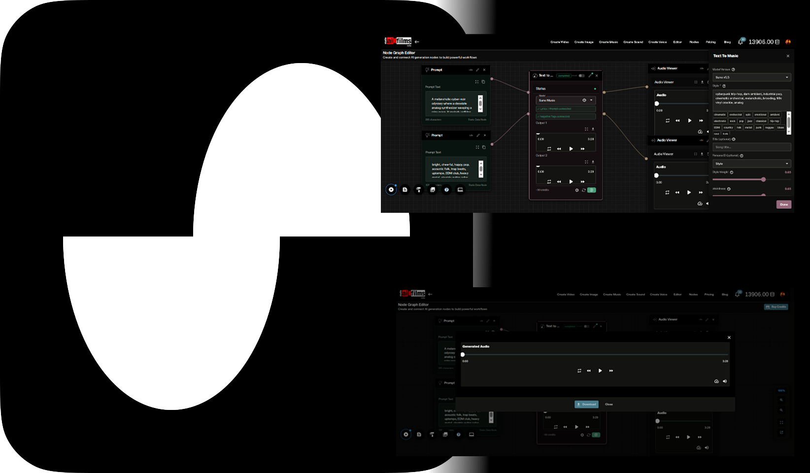 Suno Text to Music tutorial in AI FILMS Studio showing the Music Generator workspace