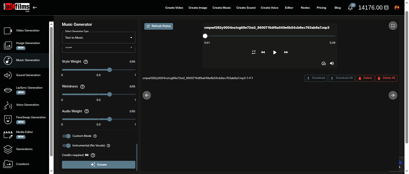 AI FILMS Studio Music Generator showing Style Weight, Weirdness, and Audio Weight sliders each set to 0.65