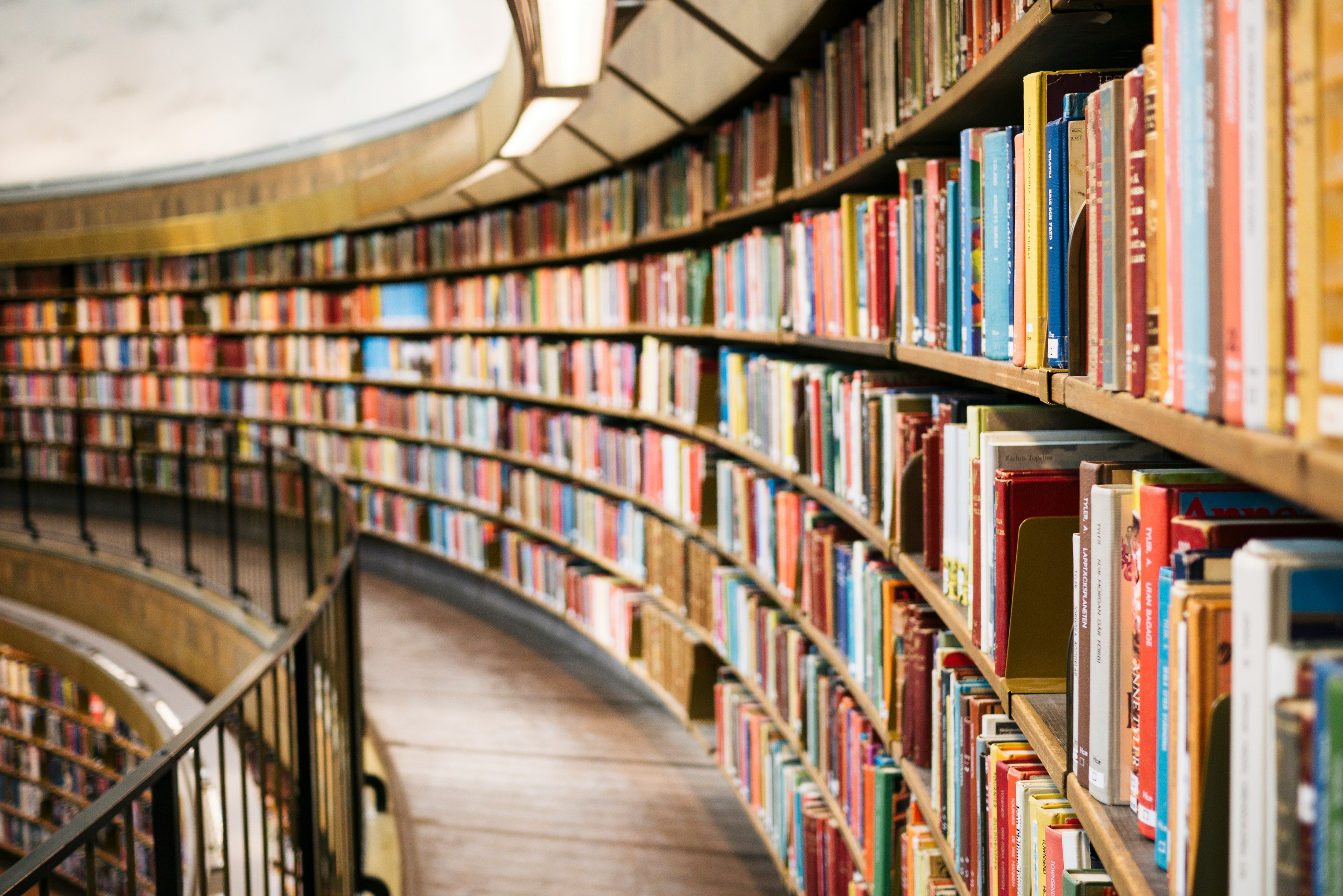 Books arranged on a wooden library shelf