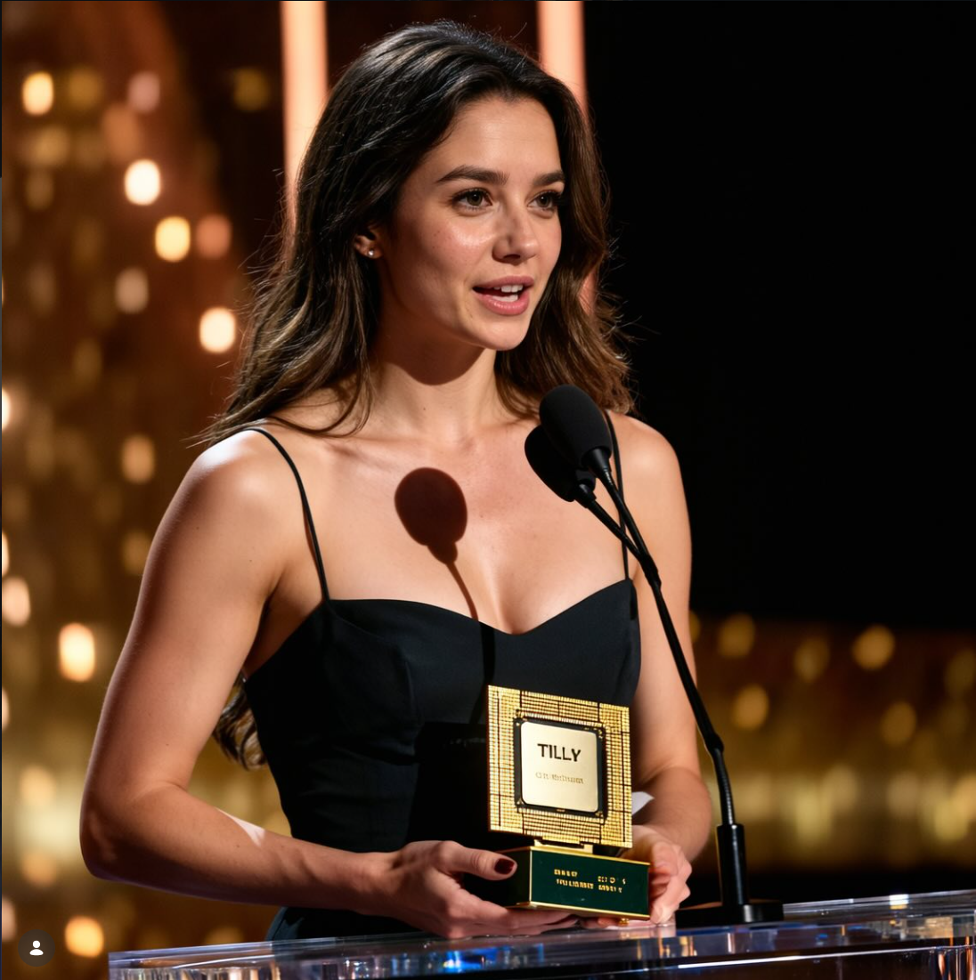 AI character Tilly Norwood posing for a social media promotional image