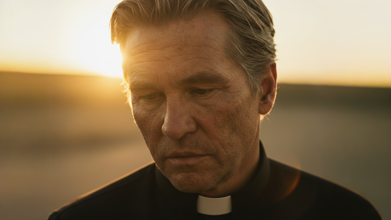 Val Kilmer as Father Fintan in a clerical collar at sunset