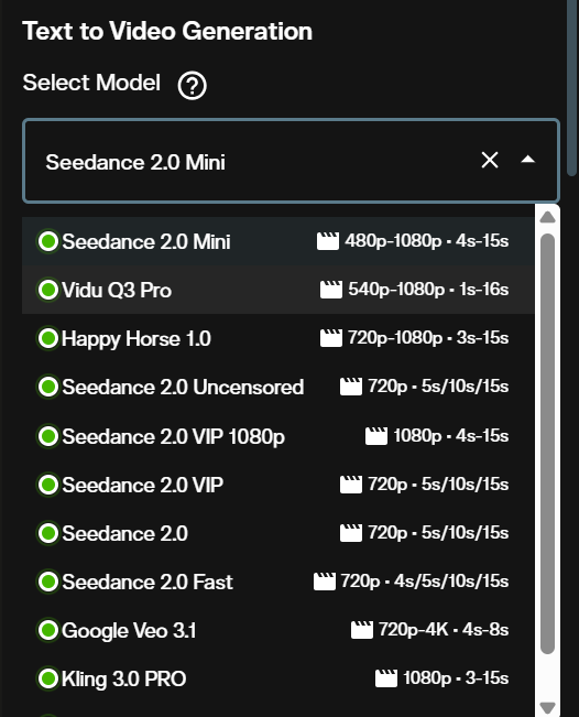 AI FILMS Studio model selector with Seedance 2.0 Mini selected and the full list of text to video models with resolution specs