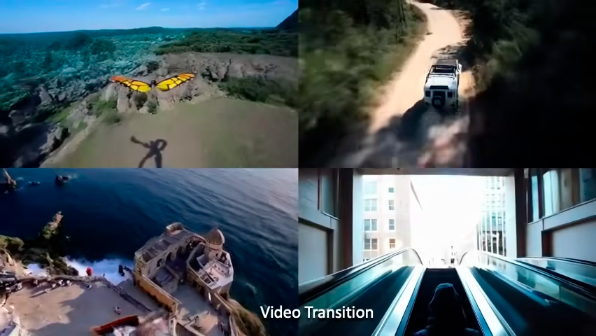Cinematic transitions between different scenes generated coherently