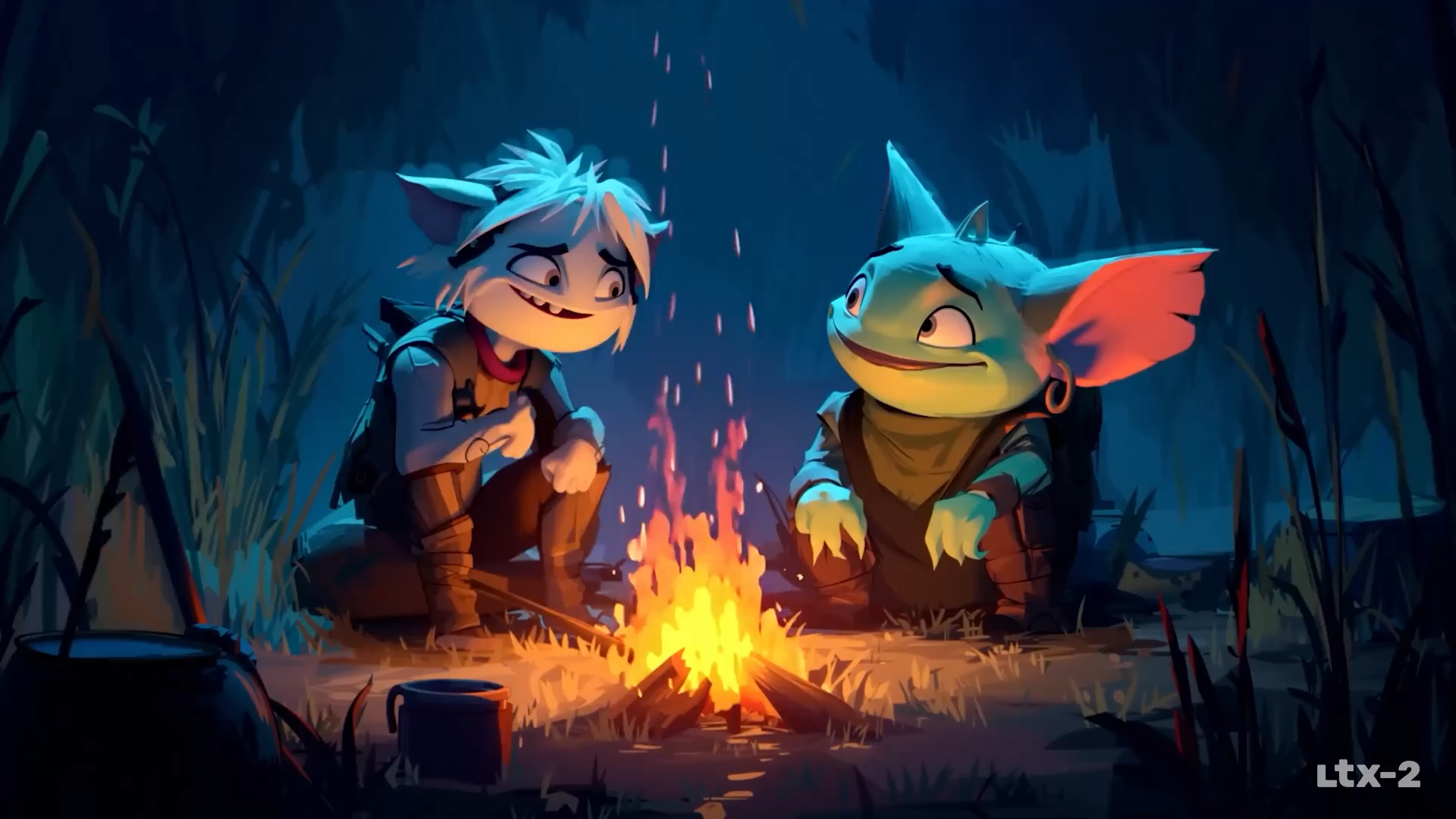 Stylized animated characters around campfire at night showing AI capability for cartoon and animation styles