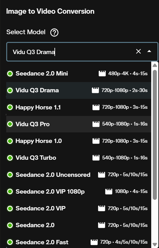 Model type selector dropdown in AI FILMS Studio showing Vidu Q3 Drama and Vidu Q3 Turbo options