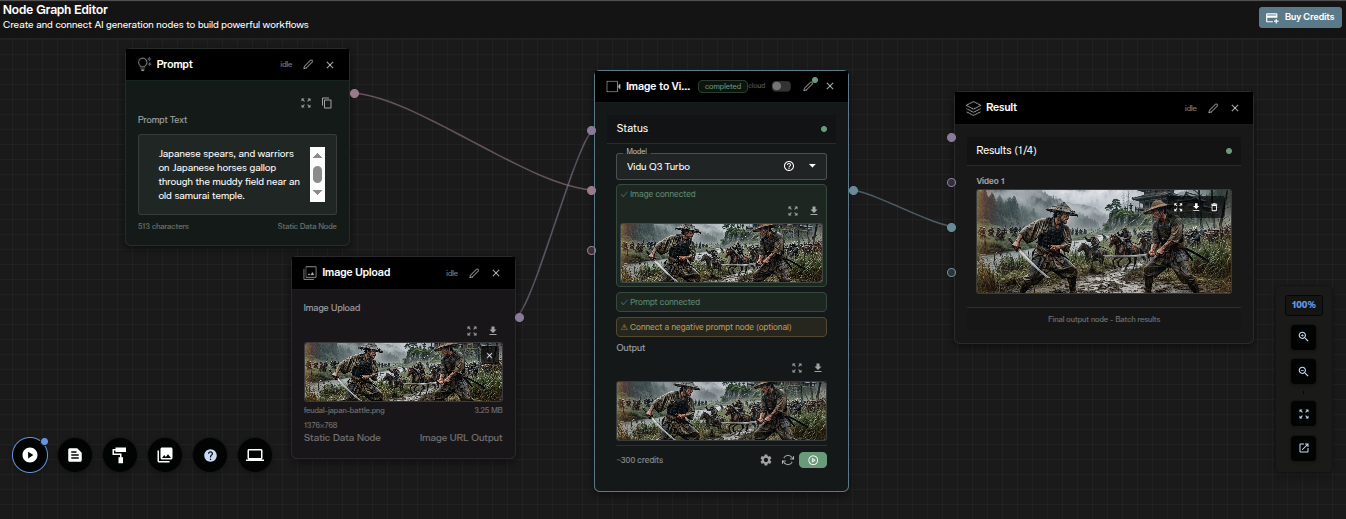 Vidu Q3 Turbo image-to-video workflow in AI FILMS Studio Nodes Graph Editor showing connected nodes