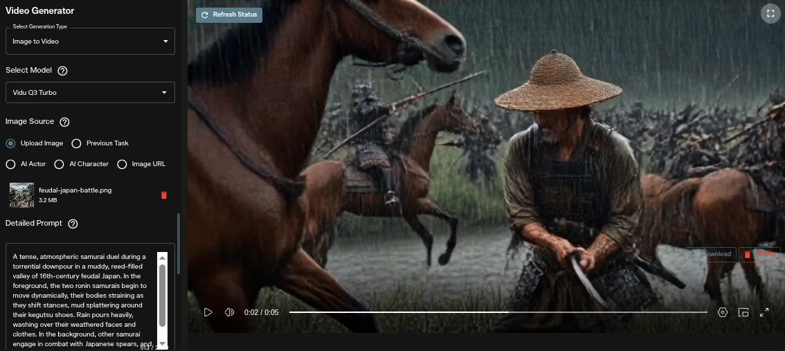 Vidu Q3 Turbo image-to-video workspace interface in AI FILMS Studio