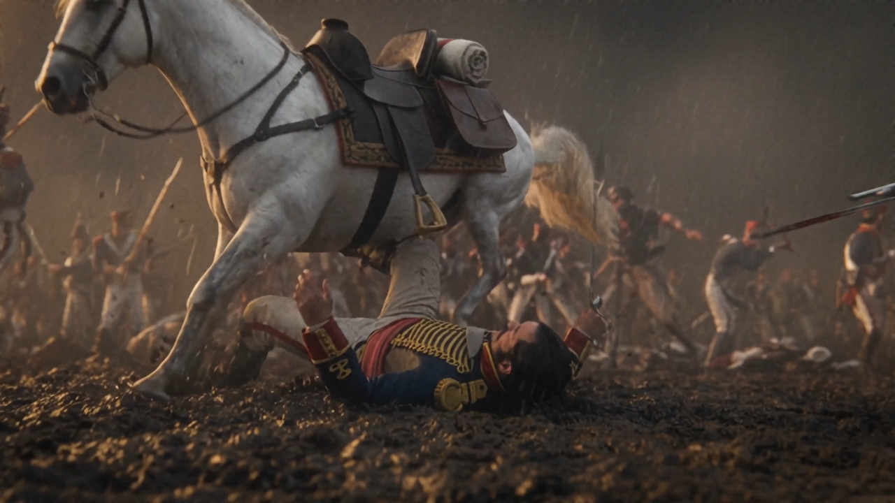 WAN 3.0 generated battlefield frame with a fallen rider and a white horse