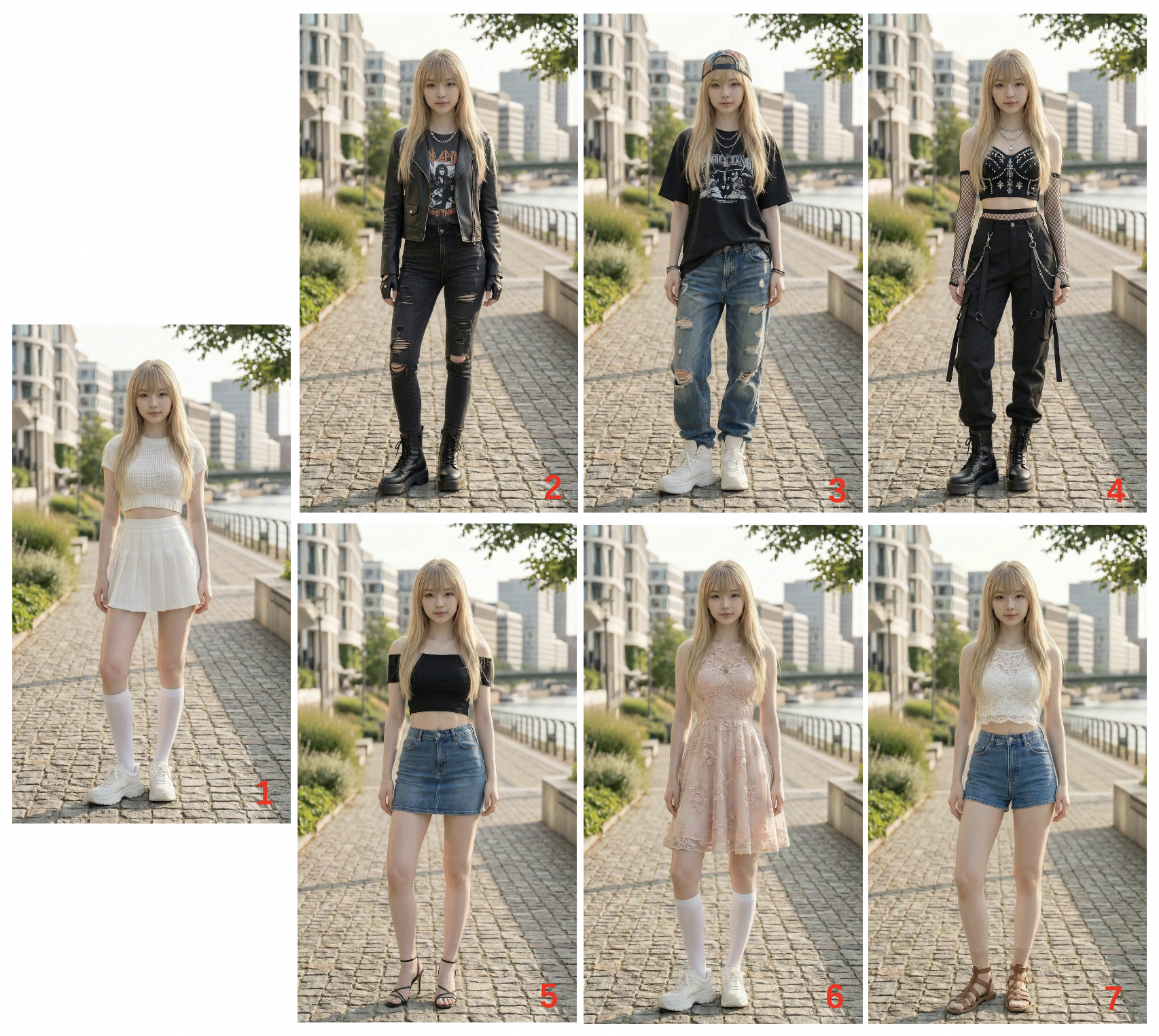 Wan-Dancer-14B outfit customization example showing two reference-driven outfit variations